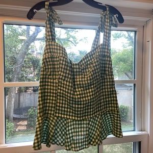 Green Gingham Reformation Shoulder-Tie Corset Top